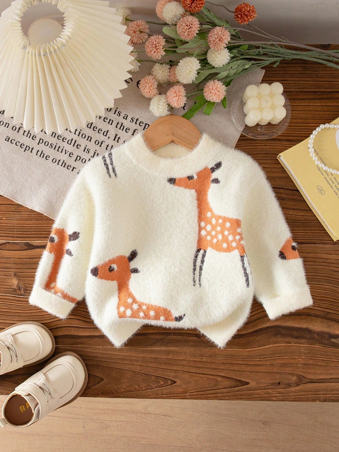 White Animal Print,Autumn,Cute,Matching Family Baby Girl Deer Pattern Long Sleeve Knit Top,Newborn Toddler Giraffe Sweater Fall Winter Warm Clothes