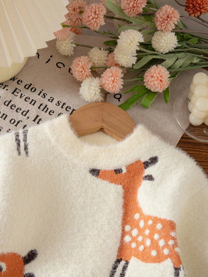 White Animal Print,Autumn,Cute,Matching Family Baby Girl Deer Pattern Long Sleeve Knit Top,Newborn Toddler Giraffe Sweater Fall Winter Warm Clothes