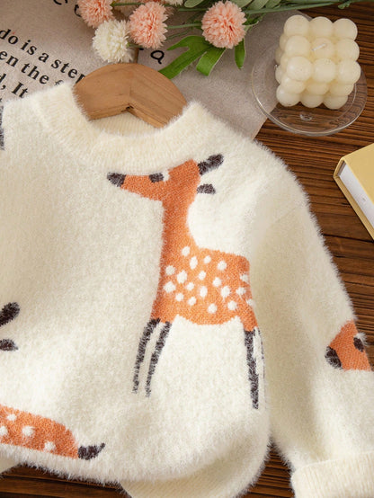 White Animal Print,Autumn,Cute,Matching Family Baby Girl Deer Pattern Long Sleeve Knit Top,Newborn Toddler Giraffe Sweater Fall Winter Warm Clothes