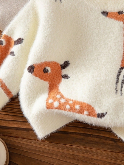 White Animal Print,Autumn,Cute,Matching Family Baby Girl Deer Pattern Long Sleeve Knit Top,Newborn Toddler Giraffe Sweater Fall Winter Warm Clothes