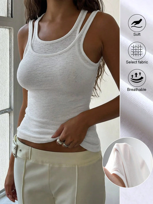 White Sleeveless Double Layer Casual Tank Top, Standard Size, Spring/Summer, Clean Girl Aesthetic