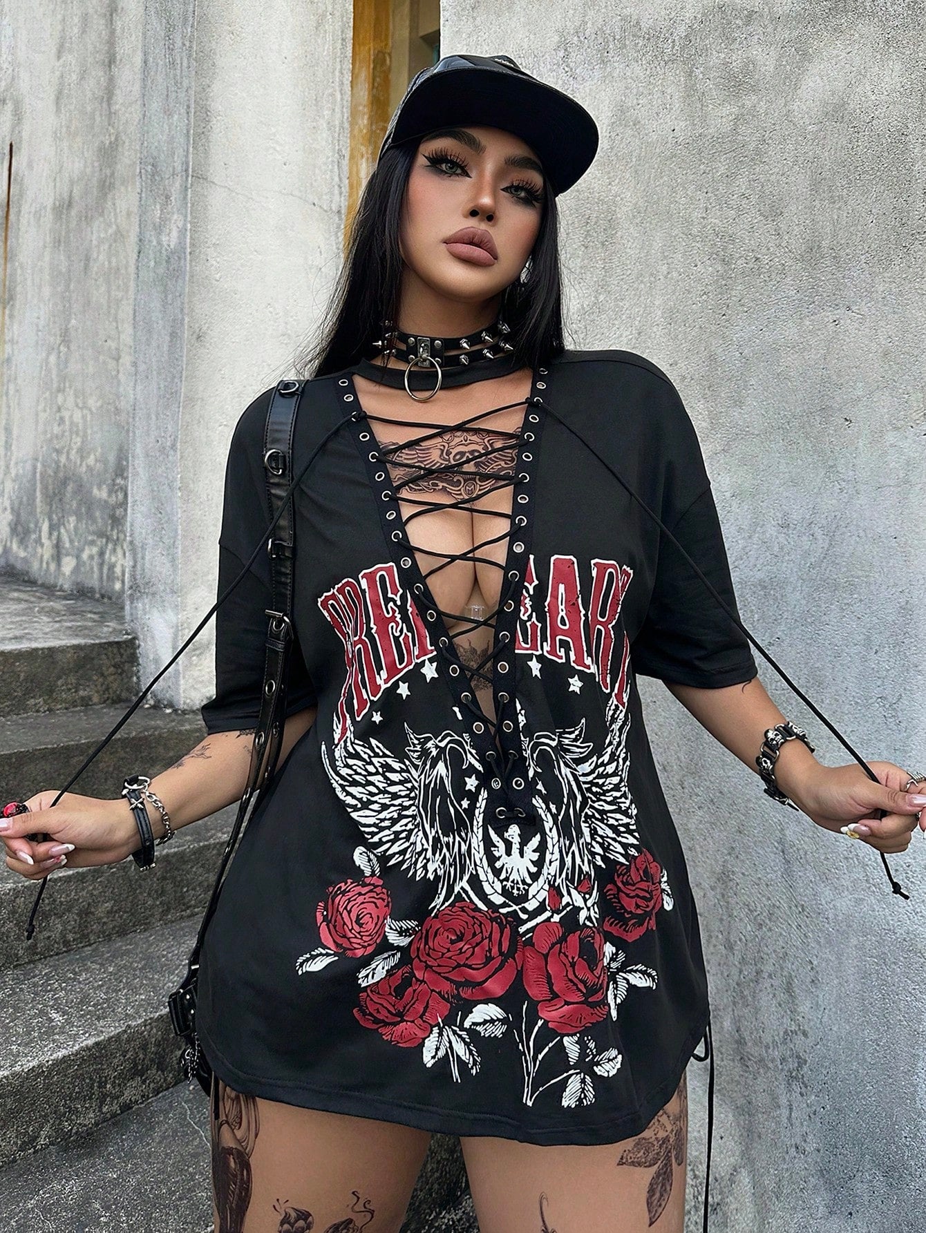 Whyspr Casual Punk Music Festival Coachella Dark Punk Retro Black Motorcycle Rock Graphic Drawstring Women T-Shirt