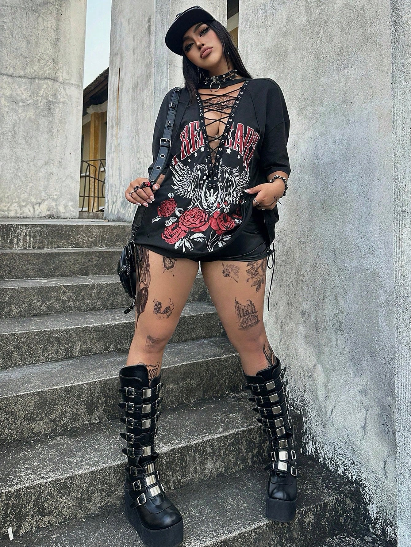 Whyspr Casual Punk Music Festival Coachella Dark Punk Retro Black Motorcycle Rock Graphic Drawstring Women T-Shirt