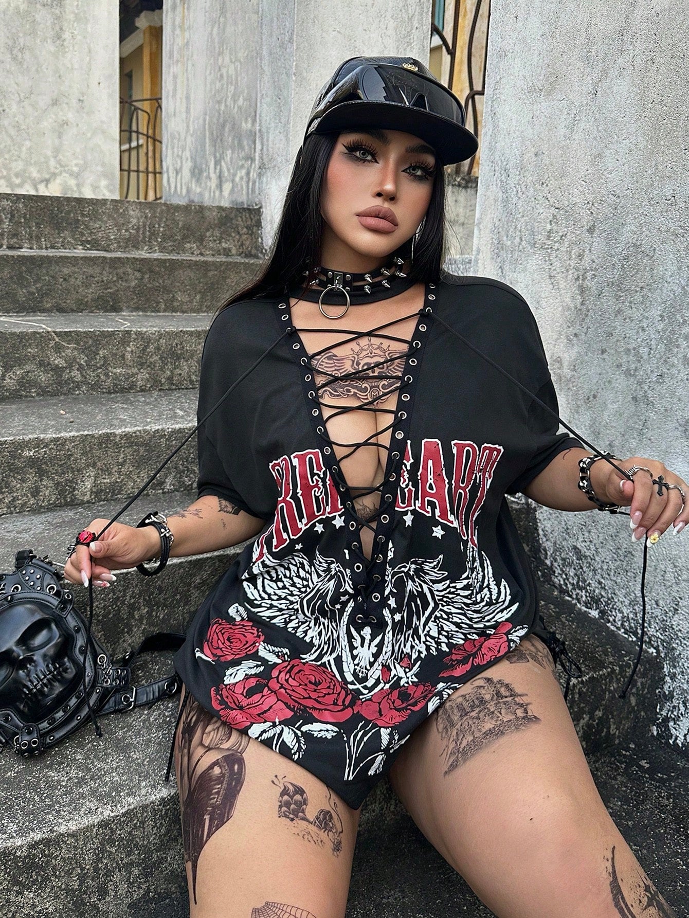 Whyspr Casual Punk Music Festival Coachella Dark Punk Retro Black Motorcycle Rock Graphic Drawstring Women T-Shirt