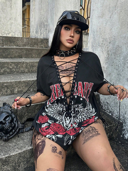 Whyspr Casual Punk Music Festival Coachella Dark Punk Retro Black Motorcycle Rock Graphic Drawstring Women T-Shirt