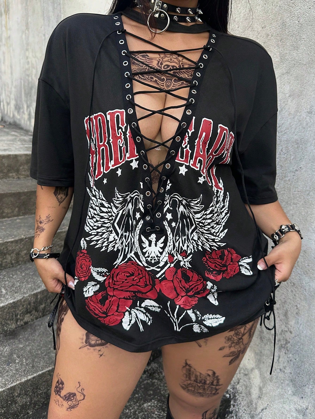 Whyspr Casual Punk Music Festival Coachella Dark Punk Retro Black Motorcycle Rock Graphic Drawstring Women T-Shirt
