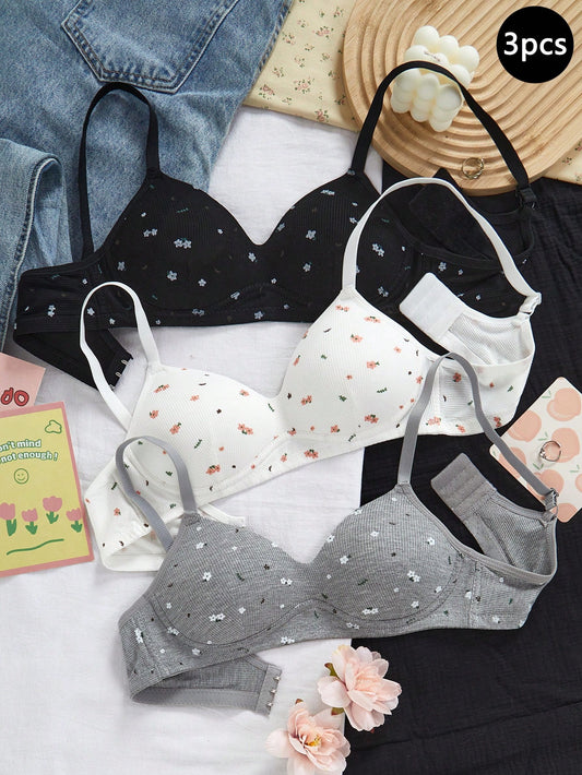 Winter Cute Back-To-School Teen Girls Underwear 3-Piece Set,Floral Print Wire-Free Bra,Small Flower Pattern Adjustable Straps Comfortable Puberty Bra