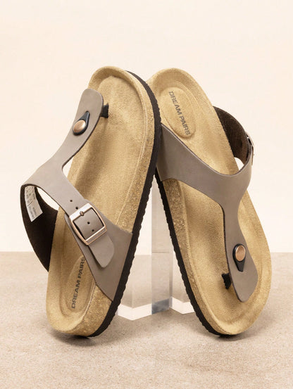Women Arch Support Thong Slides Sandals Soft Cork Footbed Sandals With Adjustable Strap Leather Flip Flops Comfortable Summer Beach Vacation Shoes