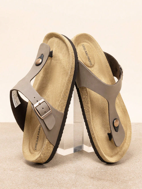 Women Arch Support Thong Slides Sandals Soft Cork Footbed Sandals With Adjustable Strap Leather Flip Flops Comfortable Summer Beach Vacation Shoes