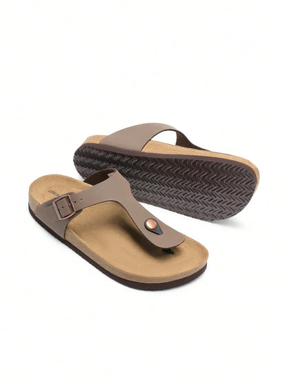 Women Arch Support Thong Slides Sandals Soft Cork Footbed Sandals With Adjustable Strap Leather Flip Flops Comfortable Summer Beach Vacation Shoes