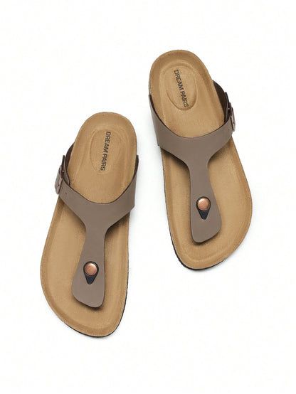 Women Arch Support Thong Slides Sandals Soft Cork Footbed Sandals With Adjustable Strap Leather Flip Flops Comfortable Summer Beach Vacation Shoes