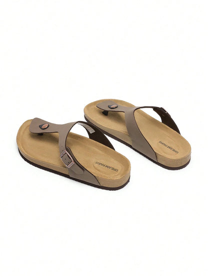 Women Arch Support Thong Slides Sandals Soft Cork Footbed Sandals With Adjustable Strap Leather Flip Flops Comfortable Summer Beach Vacation Shoes