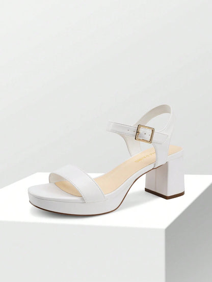 Women Comfortable Chunky Low Heeled Sandals Open Toe Buckle Decor Ankle Strap Heeled Sandals For Daily Wearing Wedding Party Prom