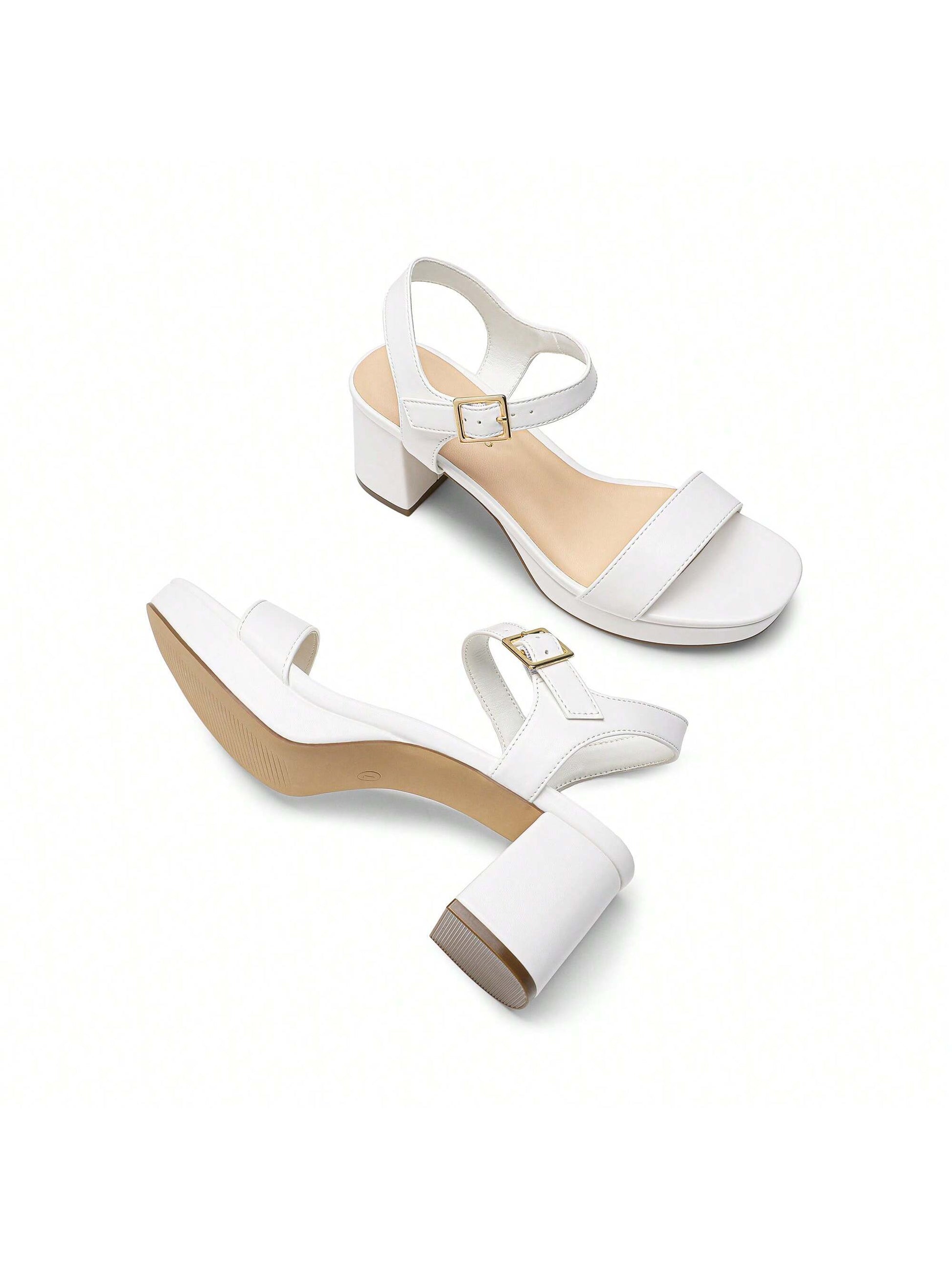 Women Comfortable Chunky Low Heeled Sandals Open Toe Buckle Decor Ankle Strap Heeled Sandals For Daily Wearing Wedding Party Prom