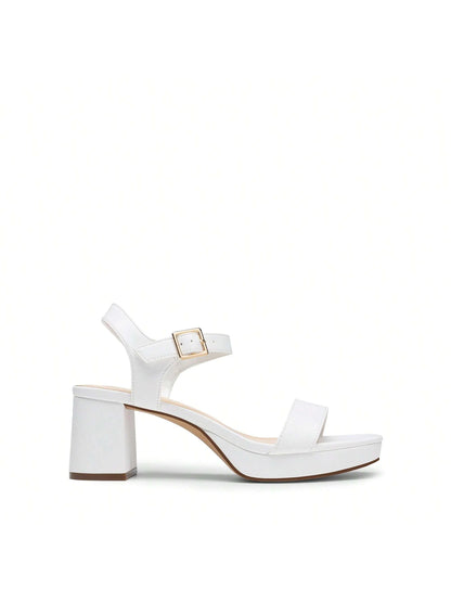 Women Comfortable Chunky Low Heeled Sandals Open Toe Buckle Decor Ankle Strap Heeled Sandals For Daily Wearing Wedding Party Prom