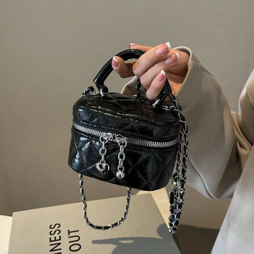 Women Diamond Quilted Round Box Crossbody Bag, Classic Waterproof Lightweight Multifunctional Handbag With Heart-Shaped Zipper Decor
