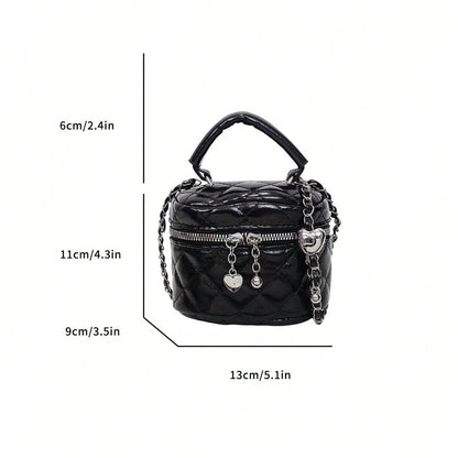 Women Diamond Quilted Round Box Crossbody Bag, Classic Waterproof Lightweight Multifunctional Handbag With Heart-Shaped Zipper Decor