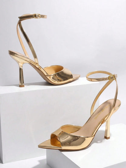 Women Fashion Pointed Open Toe Stilettos, Elegant Dress Shoes With Adjustable Ankle Strap & 3.78-Inch Heel, For Party Wedding Prom Formal Occasion