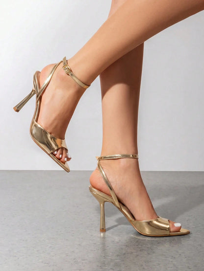 Women Fashion Pointed Open Toe Stilettos, Elegant Dress Shoes With Adjustable Ankle Strap & 3.78-Inch Heel, For Party Wedding Prom Formal Occasion