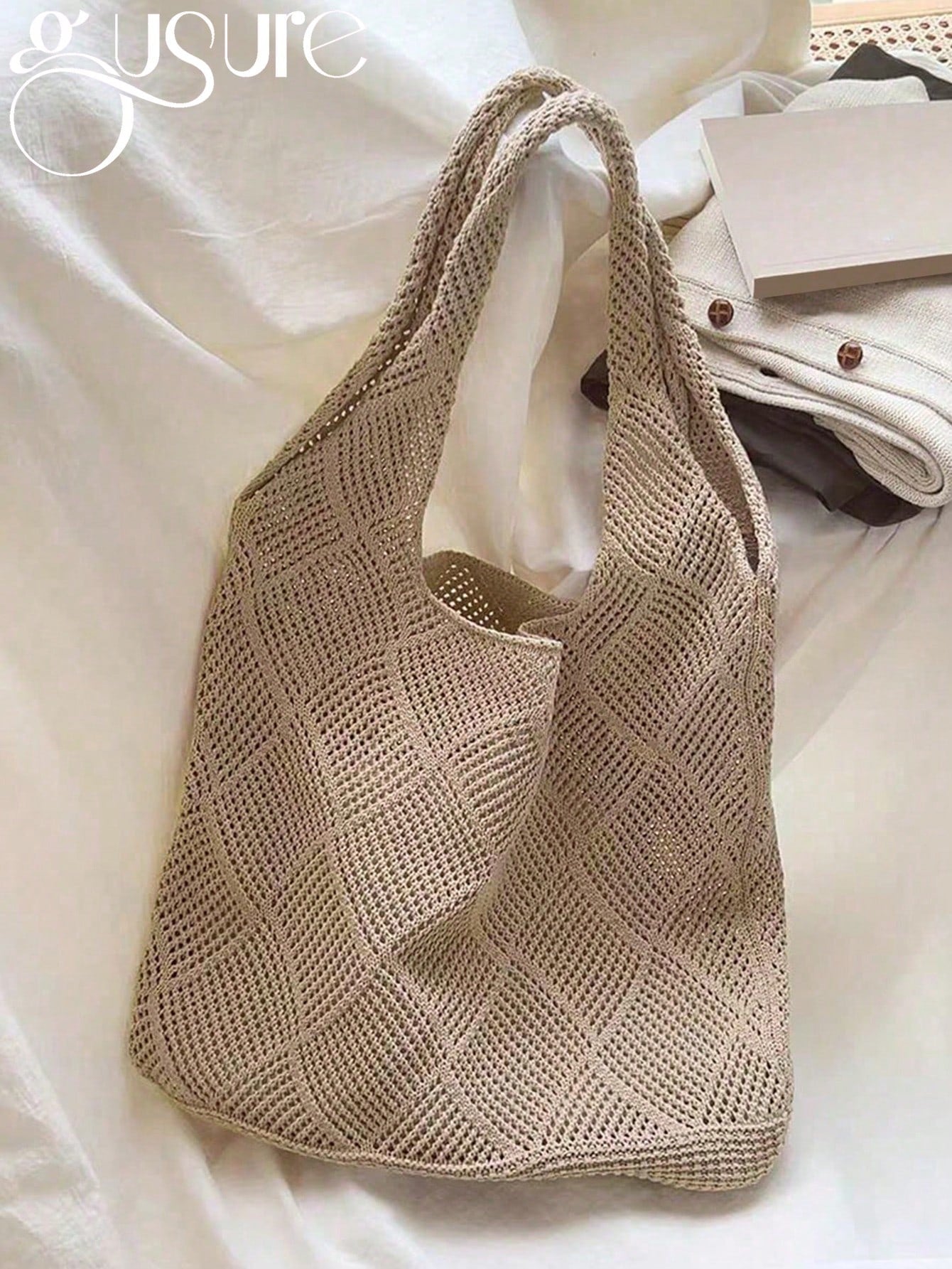Women Hollow Knitted Shoulder Bag Simple Crochet Handbag Lightweight Casual Hollow Out Pattern Crochet Bag