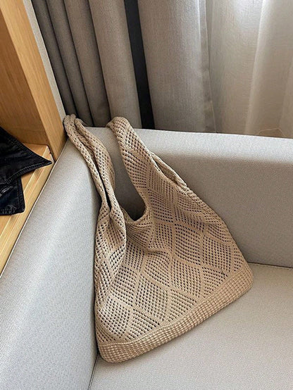 Women Hollow Knitted Shoulder Bag Simple Crochet Handbag Lightweight Casual Hollow Out Pattern Crochet Bag