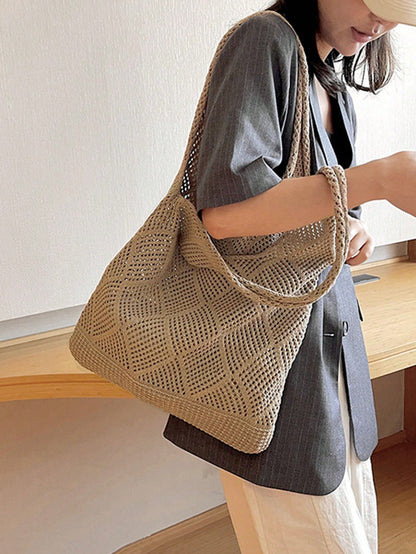 Women Hollow Knitted Shoulder Bag Simple Crochet Handbag Lightweight Casual Hollow Out Pattern Crochet Bag