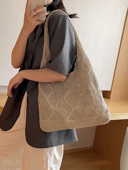 Women Hollow Knitted Shoulder Bag Simple Crochet Handbag Lightweight Casual Hollow Out Pattern Crochet Bag