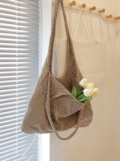 Women Hollow Knitted Shoulder Bag Simple Crochet Handbag Lightweight Casual Hollow Out Pattern Crochet Bag