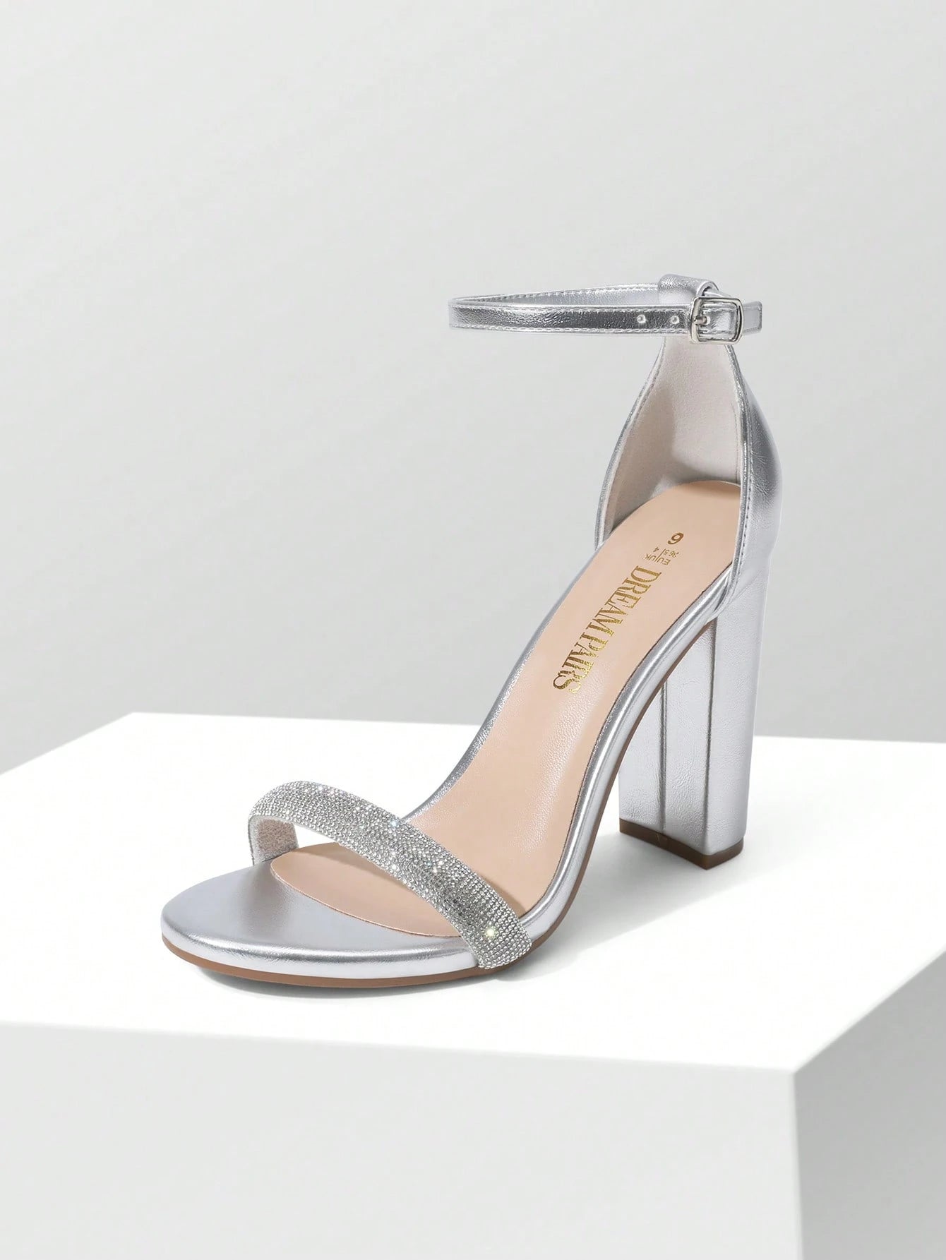 Women Rhinestone Chunky High Heeled Sandals Ankle Strap Open Toe Classic Heeled Sandals For Party Wedding Prom