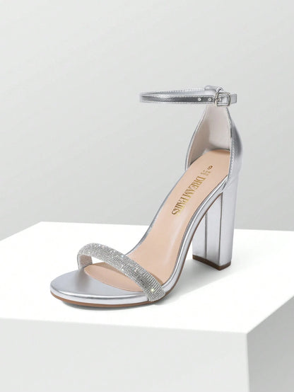 Women Rhinestone Chunky High Heeled Sandals Ankle Strap Open Toe Classic Heeled Sandals For Party Wedding Prom