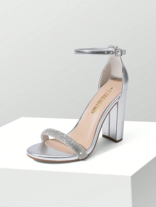 Women Rhinestone Chunky High Heeled Sandals Ankle Strap Open Toe Classic Heeled Sandals For Party Wedding Prom