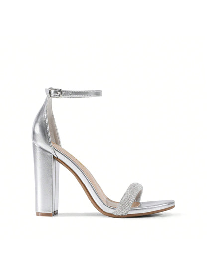 Women Rhinestone Chunky High Heeled Sandals Ankle Strap Open Toe Classic Heeled Sandals For Party Wedding Prom