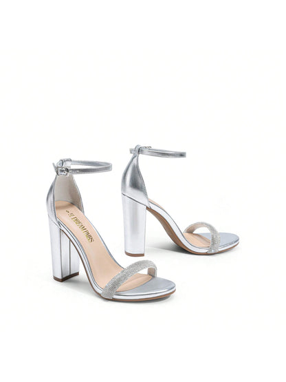 Women Rhinestone Chunky High Heeled Sandals Ankle Strap Open Toe Classic Heeled Sandals For Party Wedding Prom