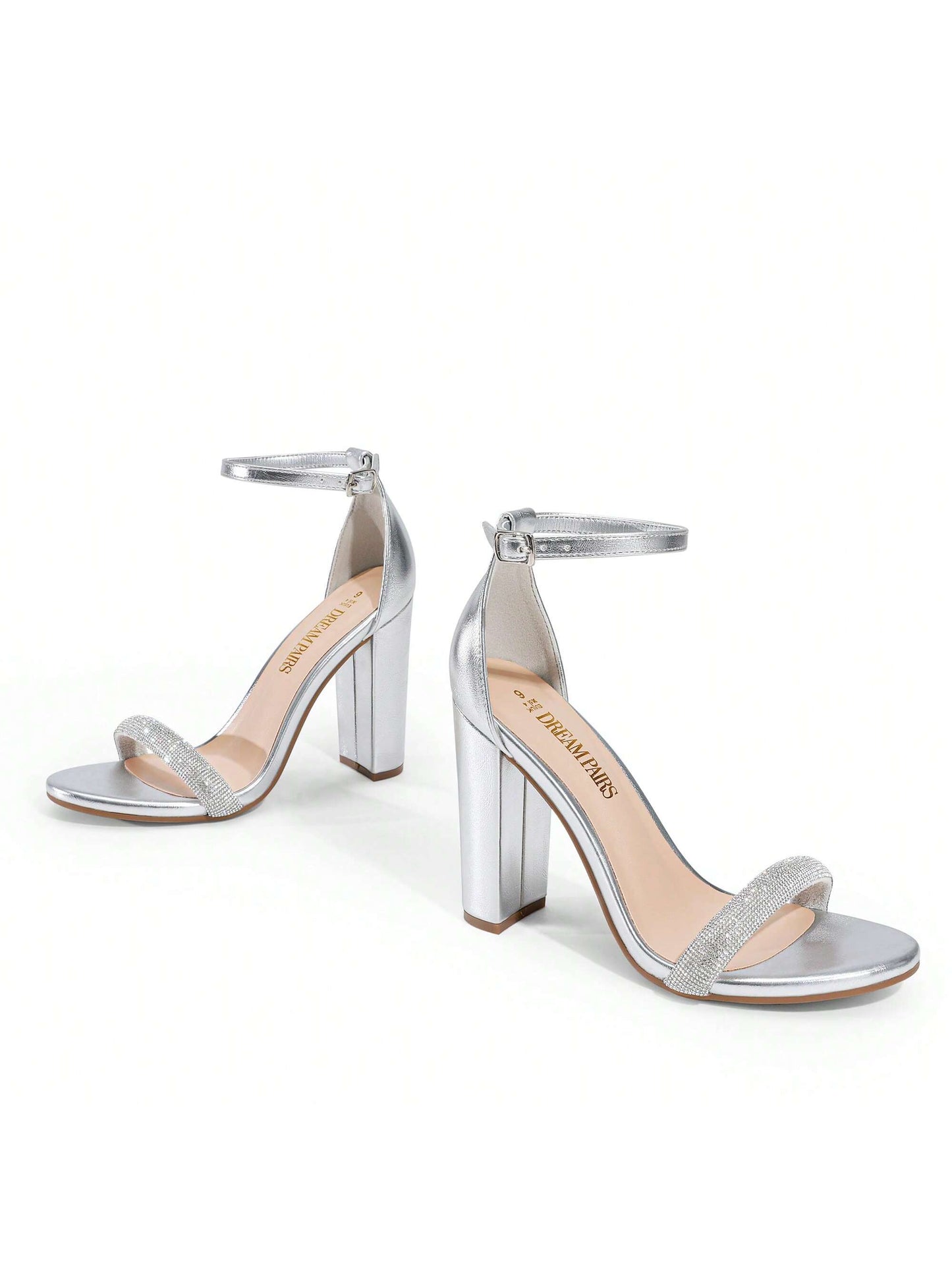 Women Rhinestone Chunky High Heeled Sandals Ankle Strap Open Toe Classic Heeled Sandals For Party Wedding Prom