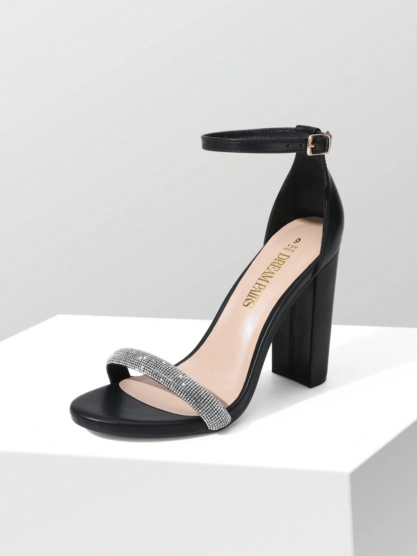 Women Rhinestone Chunky High Heeled Sandals Ankle Strap Open Toe Classic Heeled Sandals For Party Wedding Prom