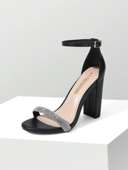 Women Rhinestone Chunky High Heeled Sandals Ankle Strap Open Toe Classic Heeled Sandals For Party Wedding Prom