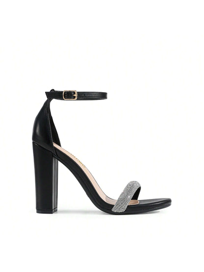 Women Rhinestone Chunky High Heeled Sandals Ankle Strap Open Toe Classic Heeled Sandals For Party Wedding Prom