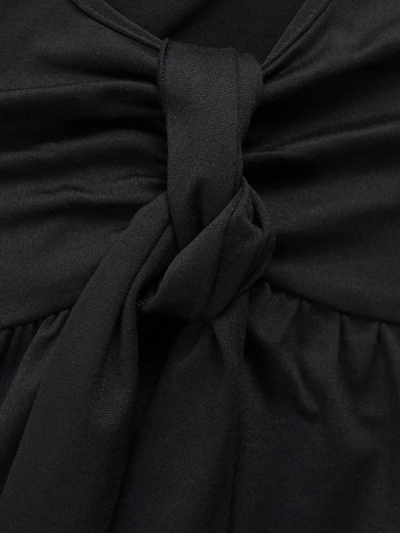 Women's Black Deep V-Neck Bow Tie Front Ruched Waist Short Sleeve Blouse- Elegant Office Casual Workwear