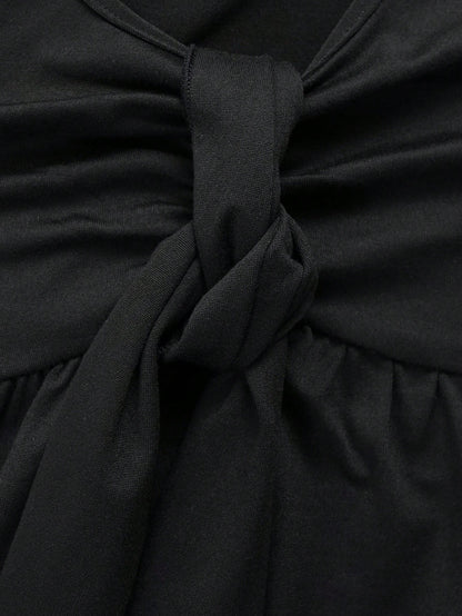 Women's Black Deep V-Neck Bow Tie Front Ruched Waist Short Sleeve Blouse- Elegant Office Casual Workwear