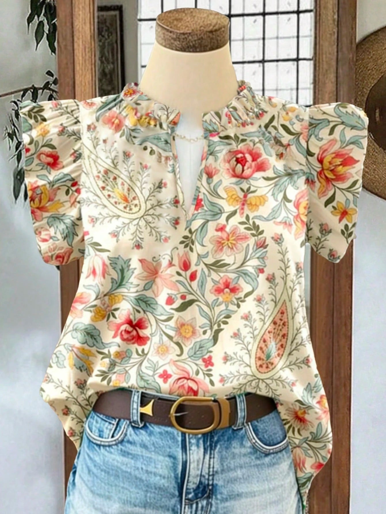 Women's Bohemian Style Camouflage & Floral V-Neck Loose Petal Sleeve Casual Blouse, Spring/Summer Vacation