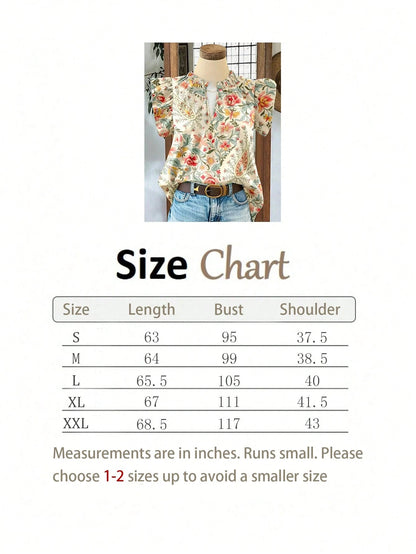 Women's Bohemian Style Camouflage & Floral V-Neck Loose Petal Sleeve Casual Blouse, Spring/Summer Vacation