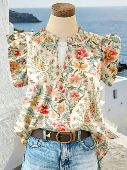 Women's Bohemian Style Camouflage & Floral V-Neck Loose Petal Sleeve Casual Blouse, Spring/Summer Vacation