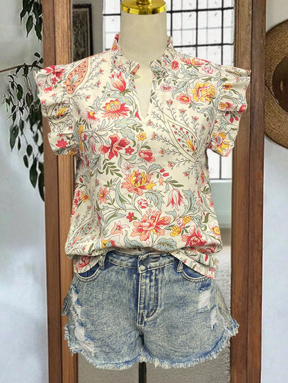 Women's Bohemian Style Camouflage & Floral V-Neck Loose Petal Sleeve Casual Blouse, Spring/Summer Vacation