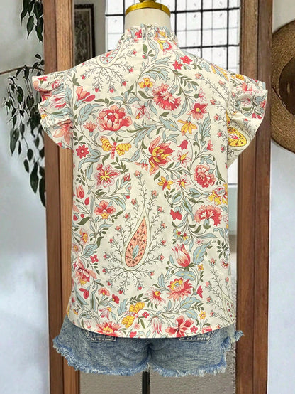 Women's Bohemian Style Camouflage & Floral V-Neck Loose Petal Sleeve Casual Blouse, Spring/Summer Vacation