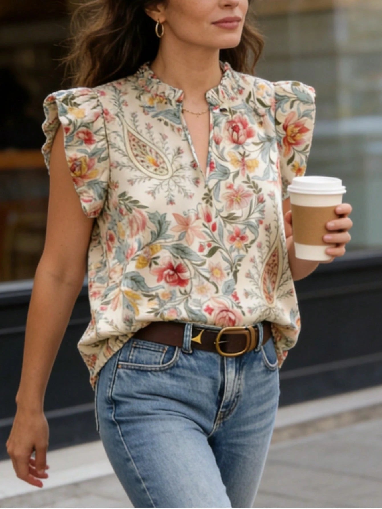 Women's Bohemian Style Camouflage & Floral V-Neck Loose Petal Sleeve Casual Blouse, Spring/Summer Vacation