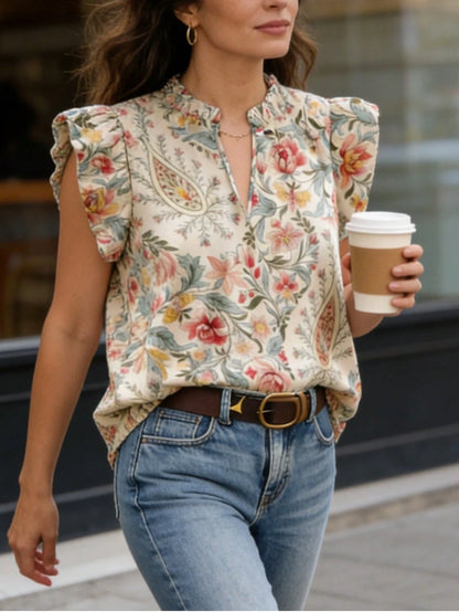 Women's Bohemian Style Camouflage & Floral V-Neck Loose Petal Sleeve Casual Blouse, Spring/Summer Vacation