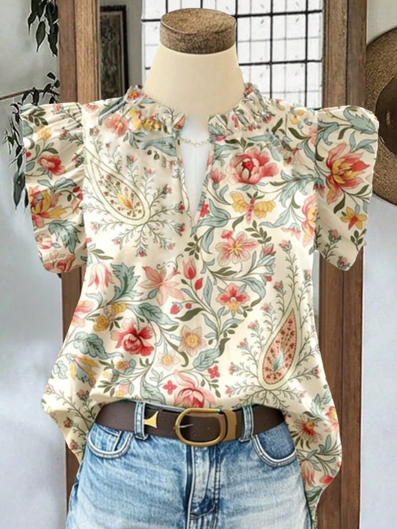 Women's Bohemian Style Camouflage & Floral V-Neck Loose Petal Sleeve Casual Blouse, Spring/Summer Vacation