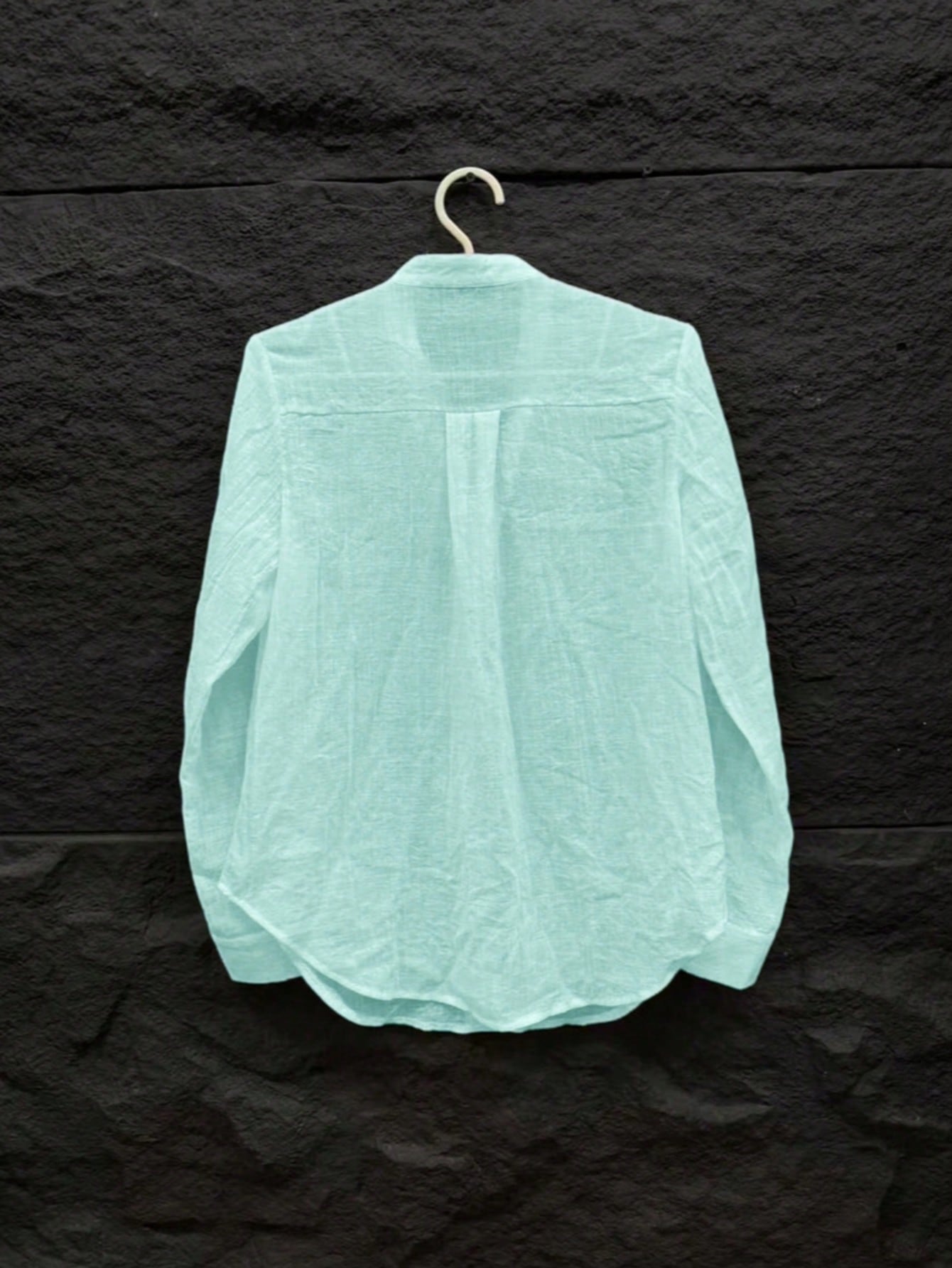 Women's Bohemian Style Long Sleeve Rolled Cuff Button Shirt, Loose Fit Stand Collar Semi-Sheer Polyester Fabric, Suitable For Summer Wear