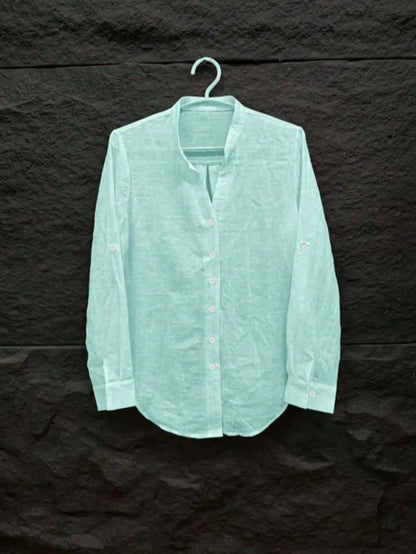 Women's Bohemian Style Long Sleeve Rolled Cuff Button Shirt, Loose Fit Stand Collar Semi-Sheer Polyester Fabric, Suitable For Summer Wear