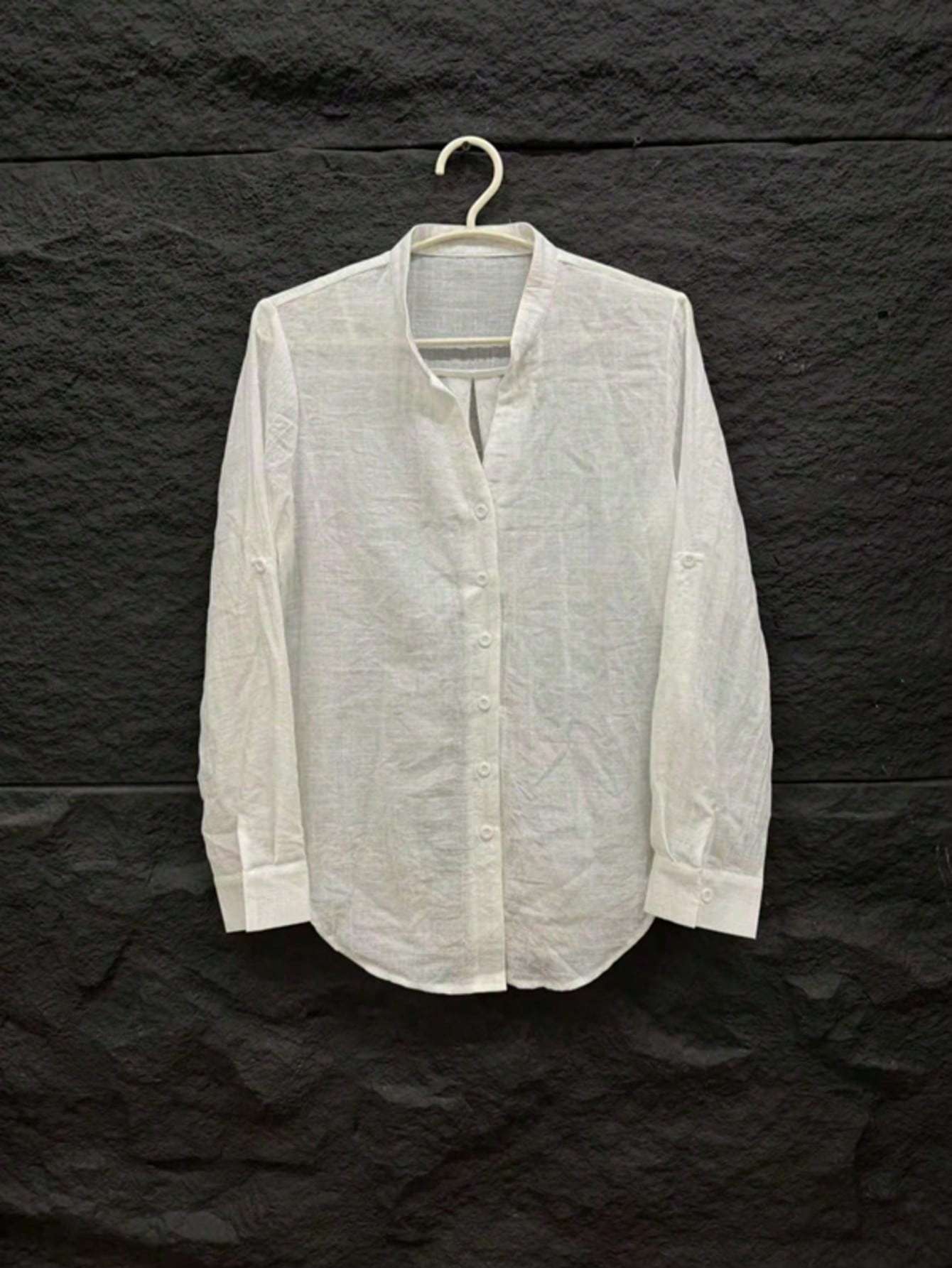Women's Bohemian Style Long Sleeve Rolled Cuff Button Shirt, Loose Fit Stand Collar Semi-Sheer Polyester Fabric, Suitable For Summer Wear
